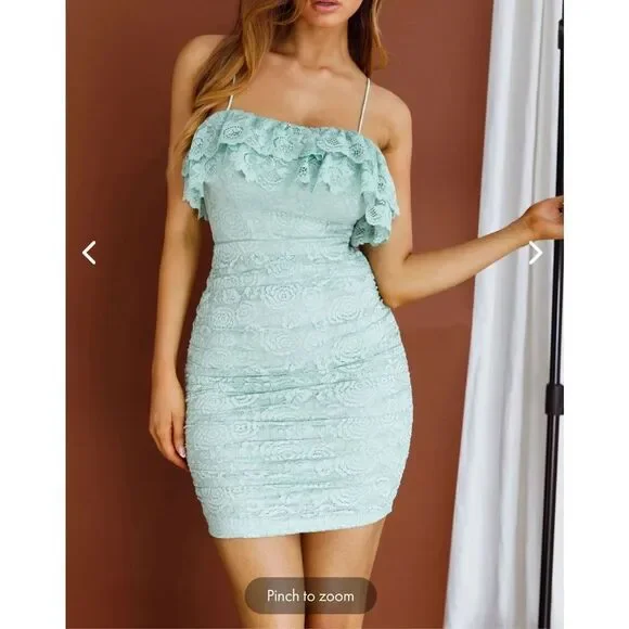 Selfie Leslie | Dresses | Herecomes The Sun Mint Green Lace Ruched Lace Up  Back Mini Dress | Poshmark